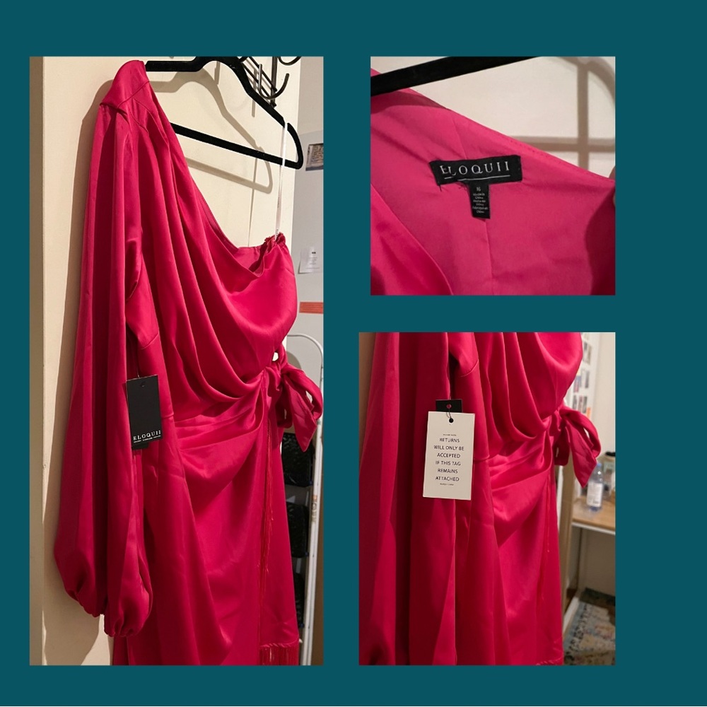 Eloquii Hot Pink One-Shoulder Fringe Cocktail Dress - Picture 7 of 8